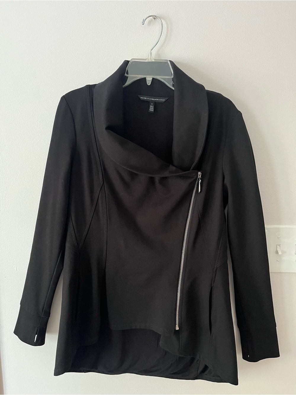 WHBM Jersey Knit Asymmetrical Black Full Zip Moto Jacket Cowl Neck Size 6